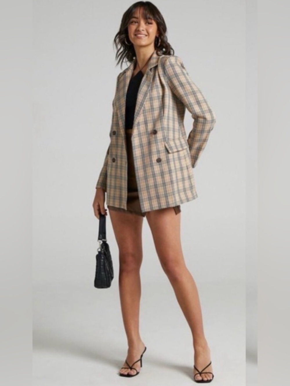 Showpo US 4 Double Breasted Plaid Blazer Tan Black Padded Shoulders